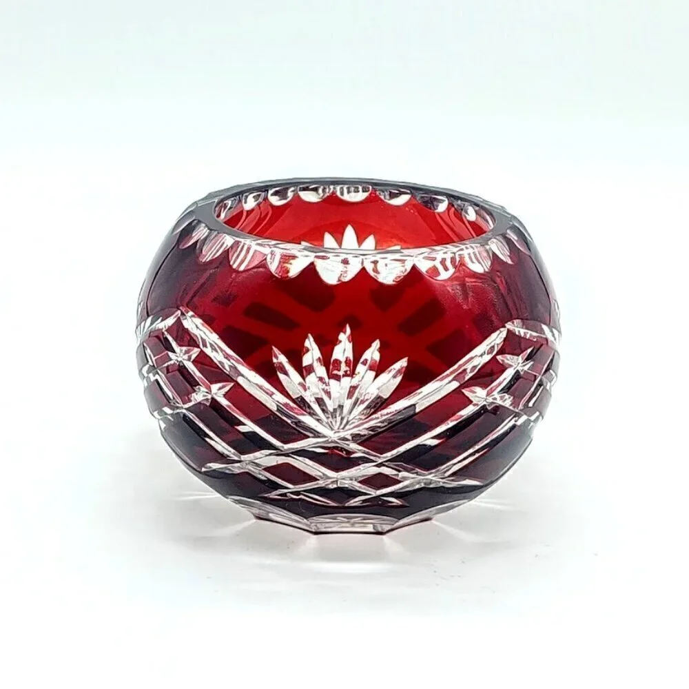 Bohemian Czech Crystal Ruby Red Cut To Clear Votive Candle Holder